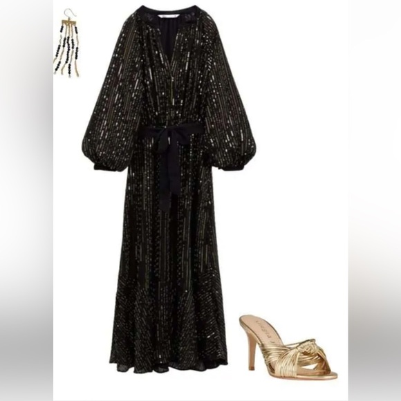 Zara Black and bronze sequin long sleeve, midi dress. - Picture 3 of 12